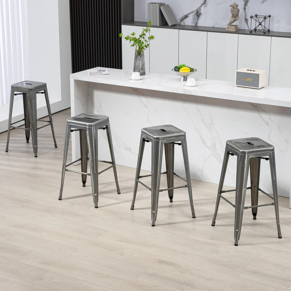 HOMCOM Set 4 Scaune de Bar din Oțel cu Suport pentru Picioare, Argintiu | Aosom Romania