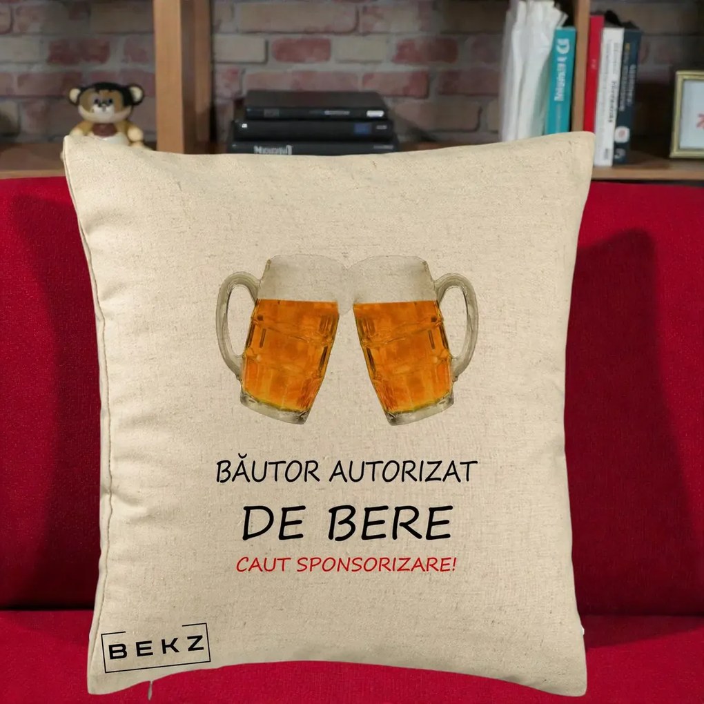 Perna Decorativa Bautor Autorizat de Bere, 40x40 cm, Bej, Husa Detasabila, Perna Inclusa, BEKZ®