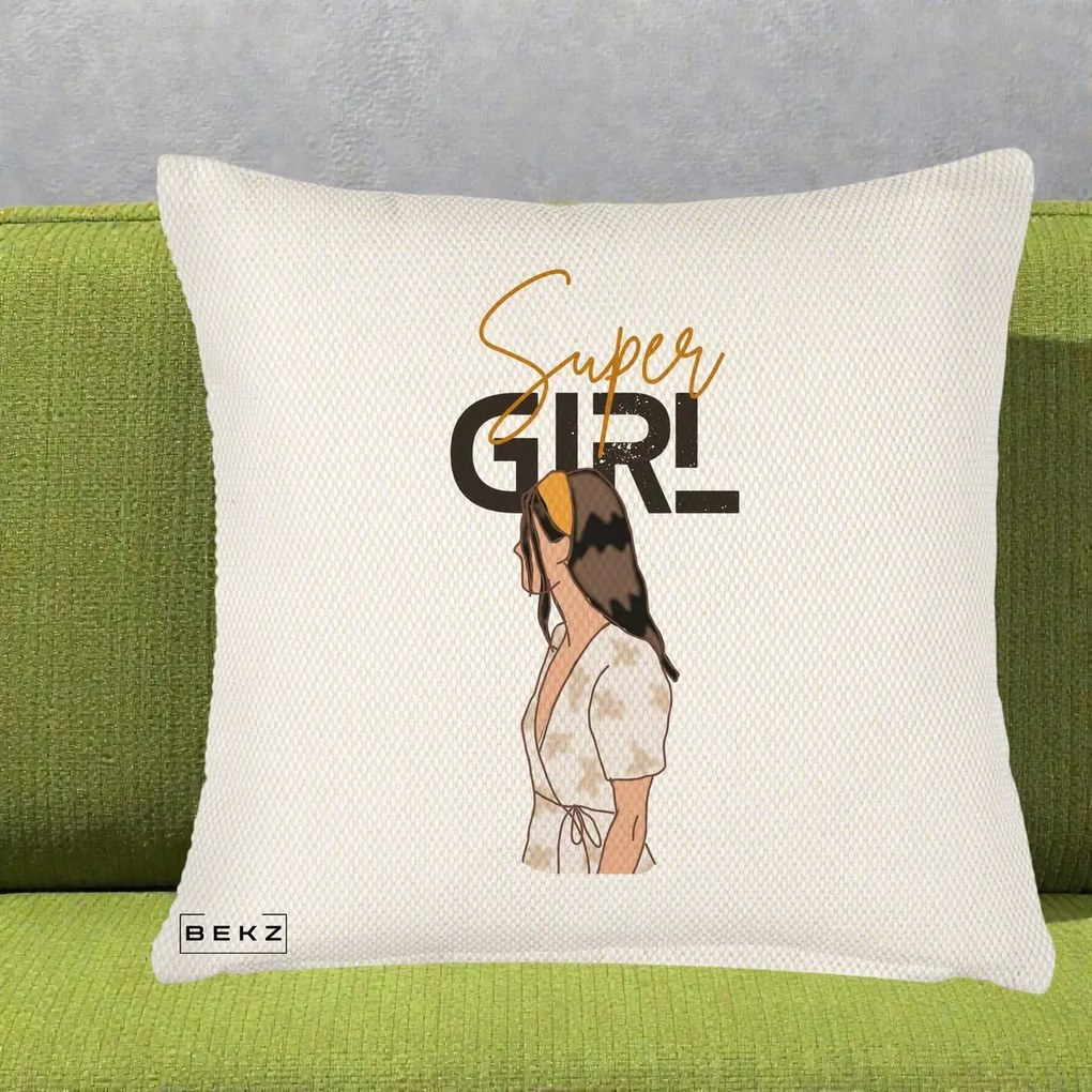 Perna Decorativa Super Girl Aesthetic, 40x40 cm, Crem Reliefat, Husa Detasabila, Perna Inclusa, BEKZ®
