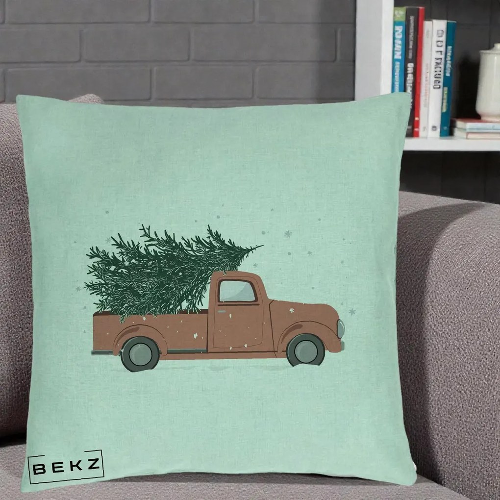 Perna Decorativa Camioneta Terracotta Brad de Craciun, 40x40 cm, Verde Menta, Husa Detasabila, Perna Inclusa, BEKZ®