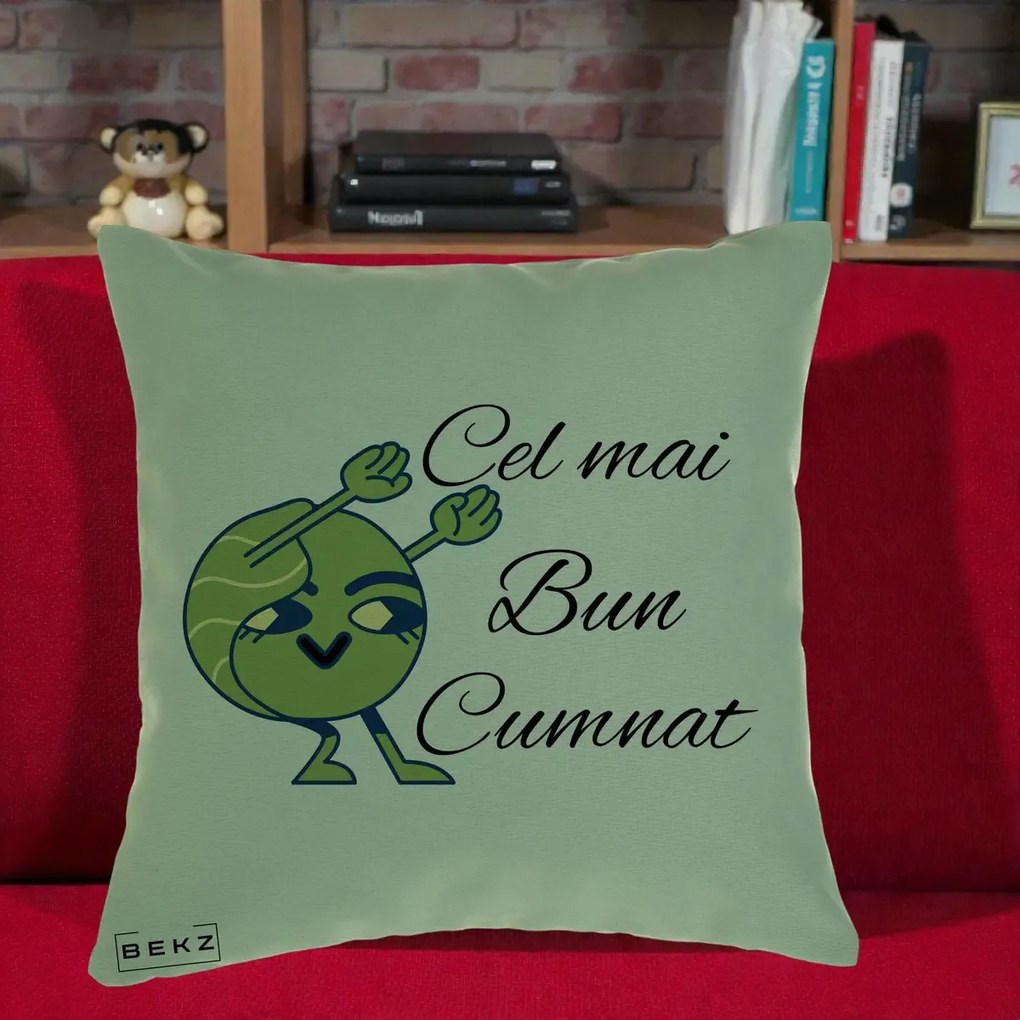 Cadou pentru Cumnat - Perna Personalizata Cel mai Bun Cumnat cu Personaj Funny Verde, 40x40 cm, Verde, Husa Detasabila, Perna Inclusa, BEKZ®