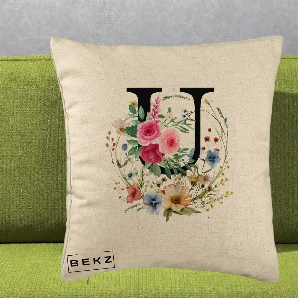 Cadou Personalizat - Perna Personalizata Monogram Litera U cu Flori Acuarela, 40x40 cm, Bej, Husa Detasabila, Perna Inclusa, BEKZ®