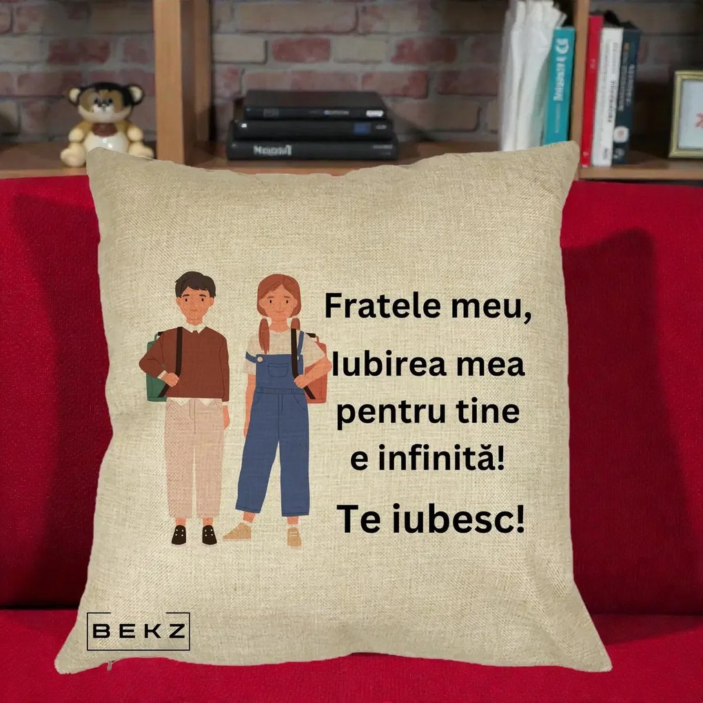 Cadou pentru Frate - Perna Personalizata Fratele Meu Te Iubesc Elevi Ilustratie Colorata, 40x40 cm, Crem, Husa Detasabila, Perna Inclusa, BEKZ®