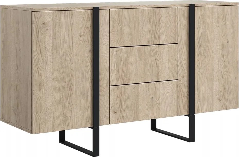 Comodă Verica 150 cm cu două uși și sertare - stejar biscuiți / picioare negre