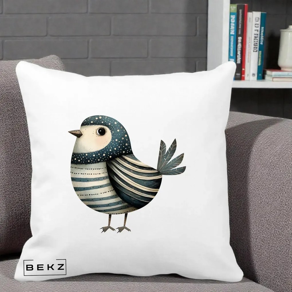 Perna Decorativa Pasare Teal Decorativa Dungata, 40x40 cm, Alba Mata, Husa Detasabila, Perna Inclusa, BEKZ®
