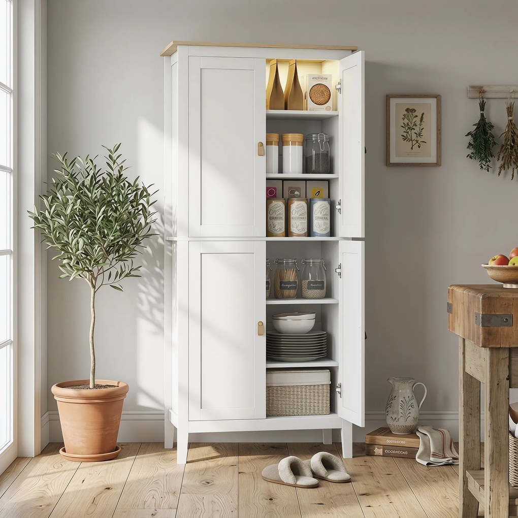 HOMCOM Bufet Înalt de Bucătărie 177 cm, Dulap cu Lumină LED, Reglabil în 3 Culori, Rafturi Ajustabile, Alb | Aosom Romania