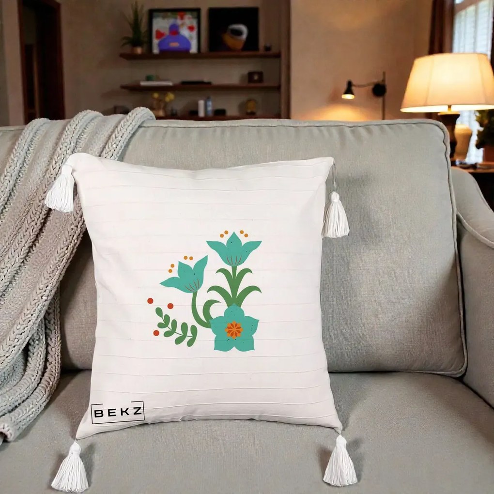 Perna Decorativa Flori Stilizate Folk Turcoaz, 40x40 cm, Bej cu Franjuri, Husa Detasabila, Perna Inclusa, BEKZ®