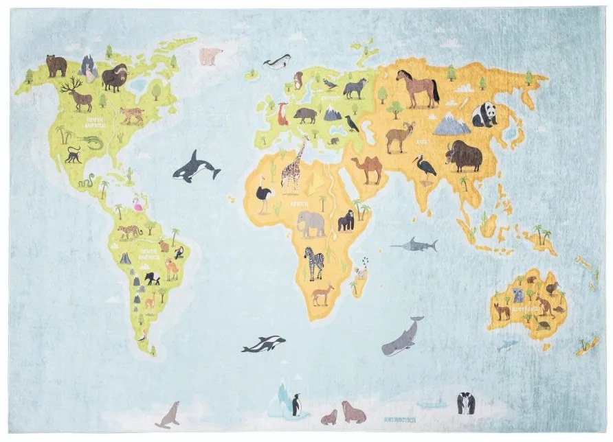 Covor pentru copii cu o hartă a lumii și animale Lăţime: 140 cm | Lungime: 200 cm