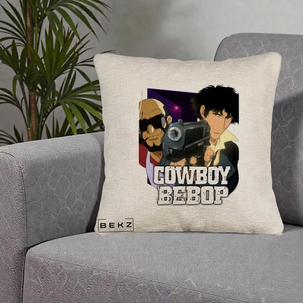 Perna Personalizata Cowboy Bebop Spike si Jet Poster, 40x40 cm, Bej Canapea, Husa Detasabila, Perna Inclusa, BEKZ®