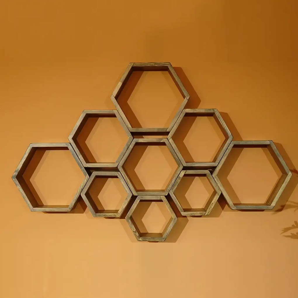Set 9 rafturi perete Hexa Homs,Seia A620,lemn natur,30325