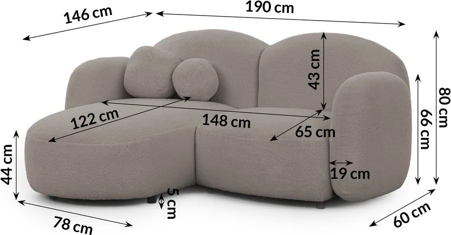 Colțar gri cu tapițerie din țesătură bouclé (cu colț pe partea stângă/cu șezlong) Orbit – Ropez