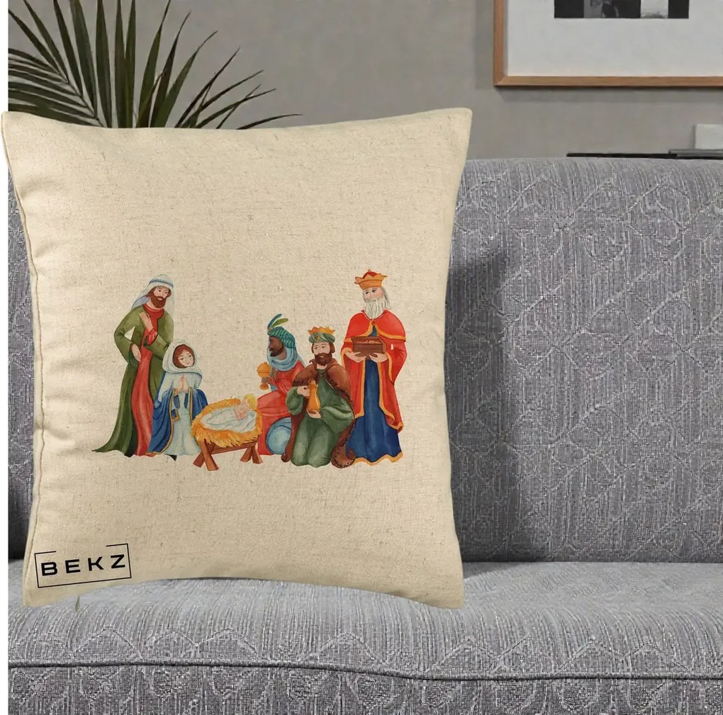 Perna Decorativa Nasterea Domnului Cei Trei Magi Acuarela, 40x40 cm, Bej, Husa Detasabila, Perna Inclusa, BEKZ®
