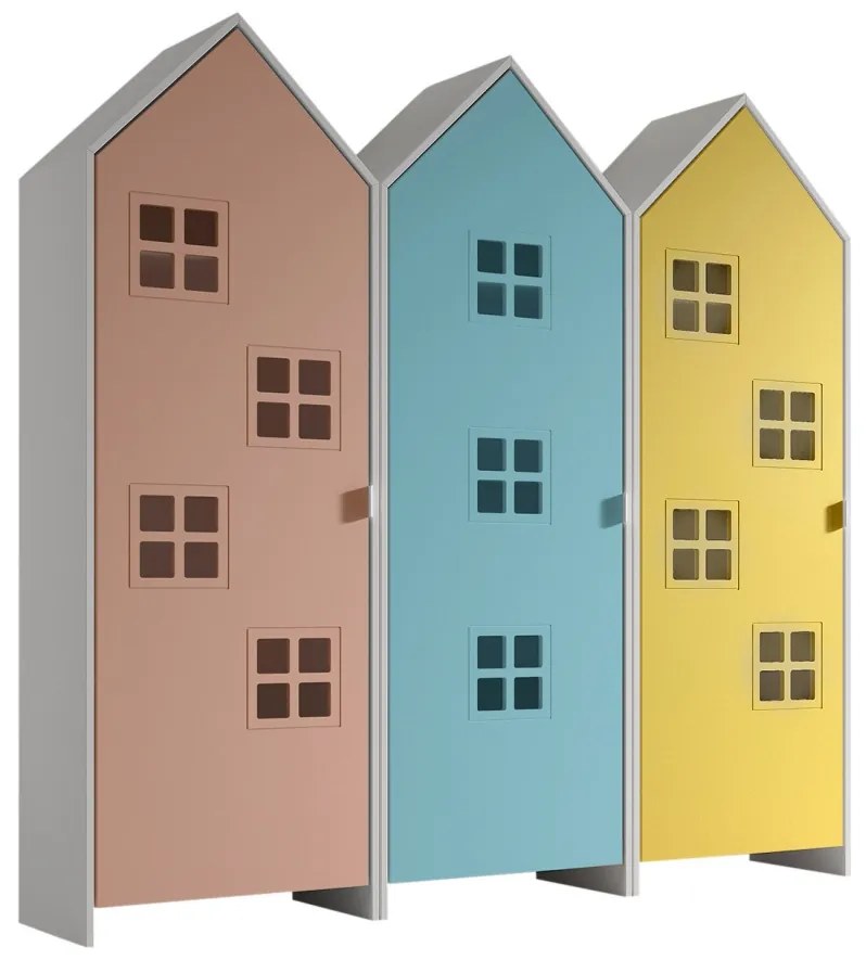 Set 3 dulapuri pentru copii Casami Bruges tip colibă de plajă – 1 cu ușă Roz Confortabil, 1 cu ușă Albastru și 1 cu ușă Galben Strălucitor – Vipack
