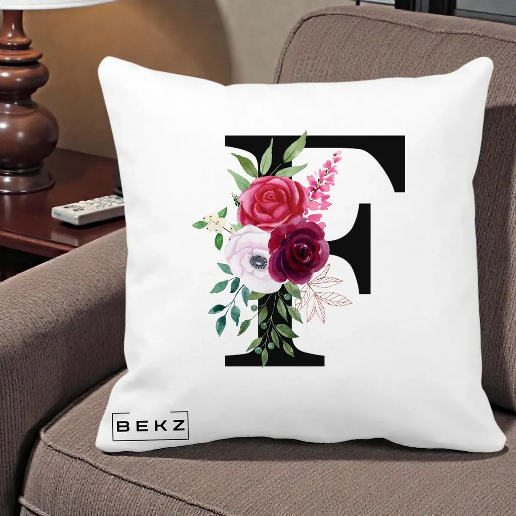 Cadou Personalizat - Perna Personalizata Monograma Florala Litera F, 40x40 cm, Alba Mata, Husa Detasabila, Perna Inclusa, BEKZ®