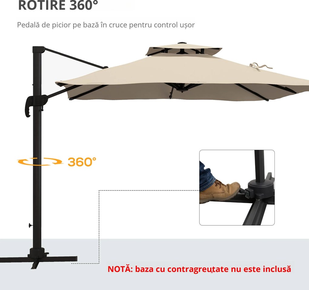 Outsunny Umbrelă de Soare cu Braț Înclinat în 6 Poziții cu Acoperiș pe 2 Niveluri, Umbrelă de Grădină din aluminiu și poliester, 294x294 cm, kaki | Aosom Romania