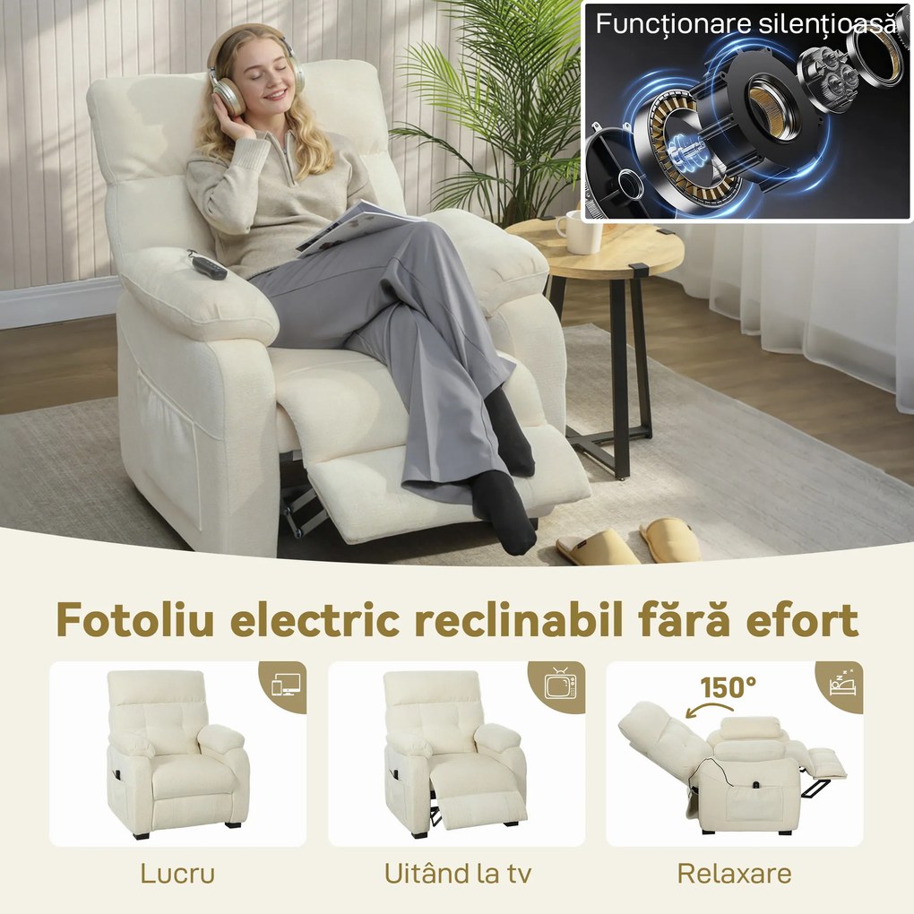 HOMCOM Fotoliu Relax Electric Reclinabil 150° cu Suport pentru Picioare, Șezut Spațios, Fotoliu Silențios, Port USB, Funcție Memory, Telecomandă, din Catifea, pentru Living, Alb | Aosom Romania