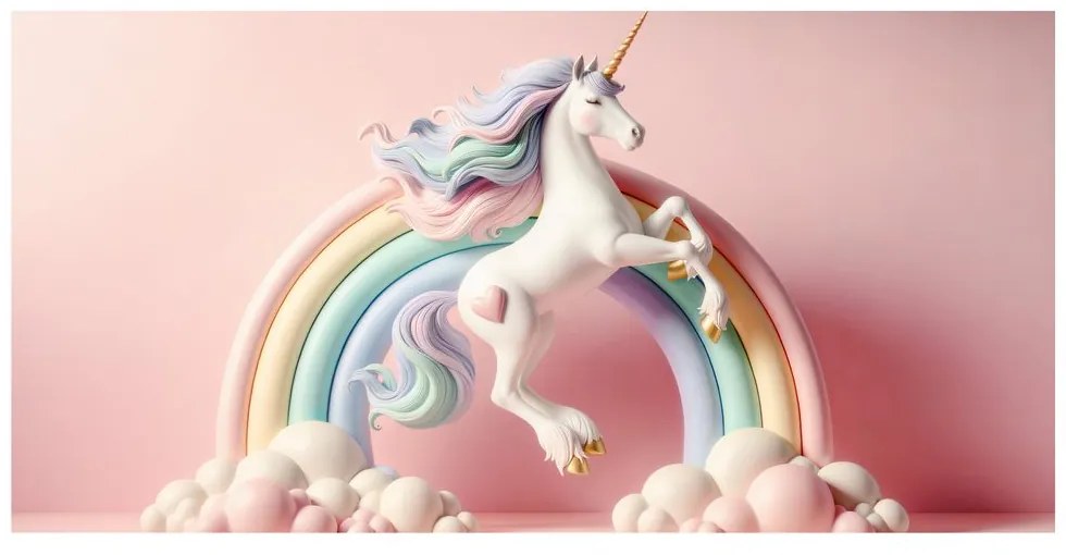 Tablou unicorn de poveste pe un curcubeu pastel