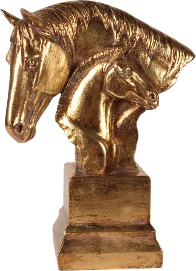 Statuetă decorativă din polirășină, auriu, două capete de cal, 30 x 23 x 11,5 cm, „Pollux”