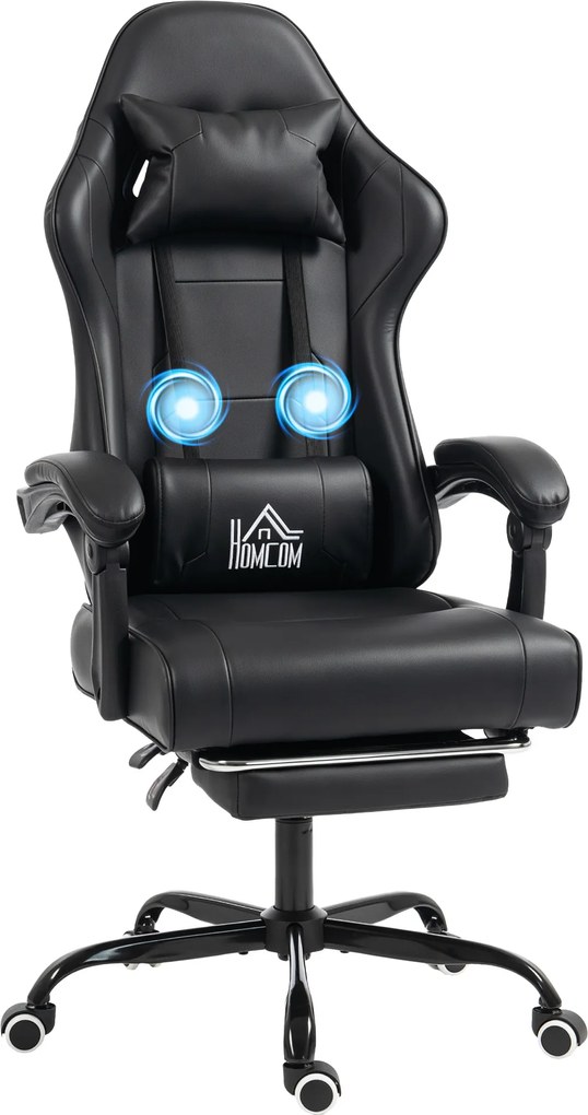HOMCOM Scaun de gaming ergonomic, fotoliu gamer cu suport lombar masaj, spătar înclinat, înălțime reglabilă, negru | Aosom Romania