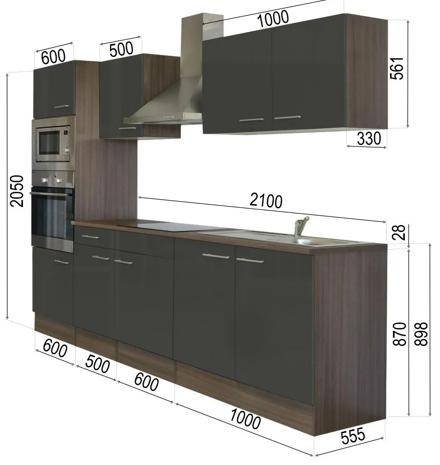 Mobilă de bucătărie Yorki cu corp din stejar Yorki, față antracit satinat, dimensiune 270 cm