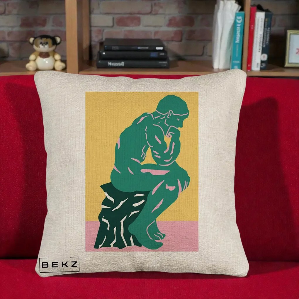 Perna Decorativa Ganditorul Sculptura Pop Art, 40x40 cm, Bej Canapea, Husa Detasabila, Perna Inclusa, BEKZ®