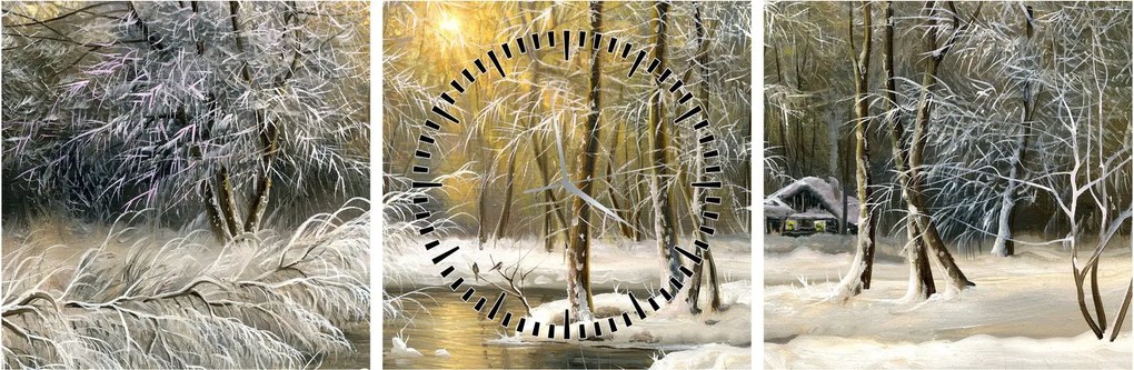 Tablou - Cabană în pădure, pictură în uei (cu ceas) (90x30 cm)