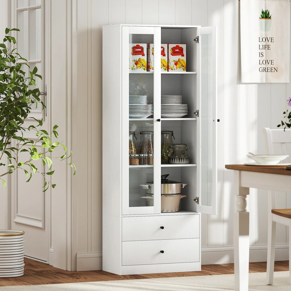HOMCOM Mobilier de depozitare modern cu dulap cu uși din sticlă, rafturi reglabile și 2 sertare, 59 x 30 x 164 cm, alb | Aosom Romania