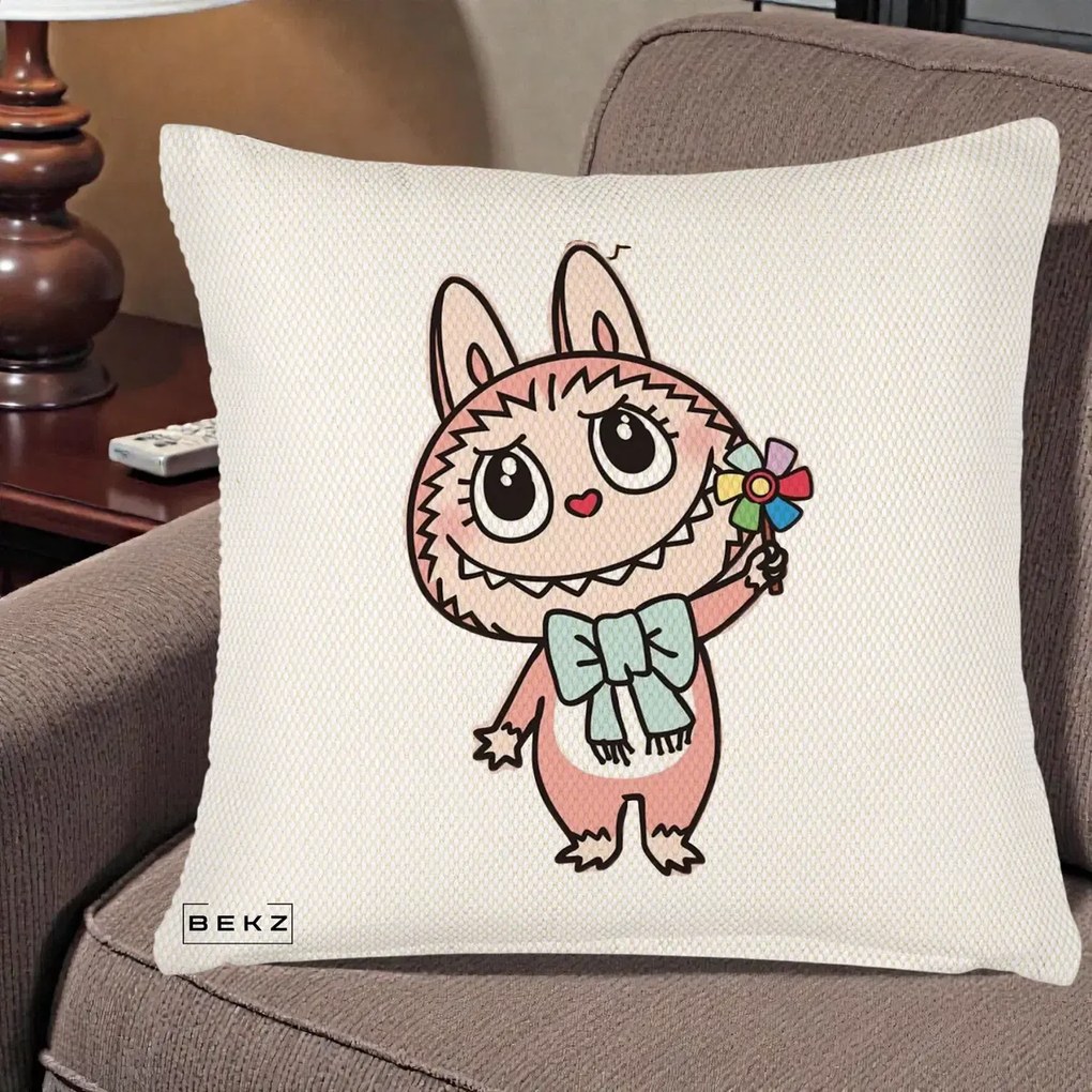 Perna Personalizata Labubu Roz cu Morisca, 40x40 cm, Crem Reliefat, Husa Detasabila, Perna Inclusa, BEKZ®