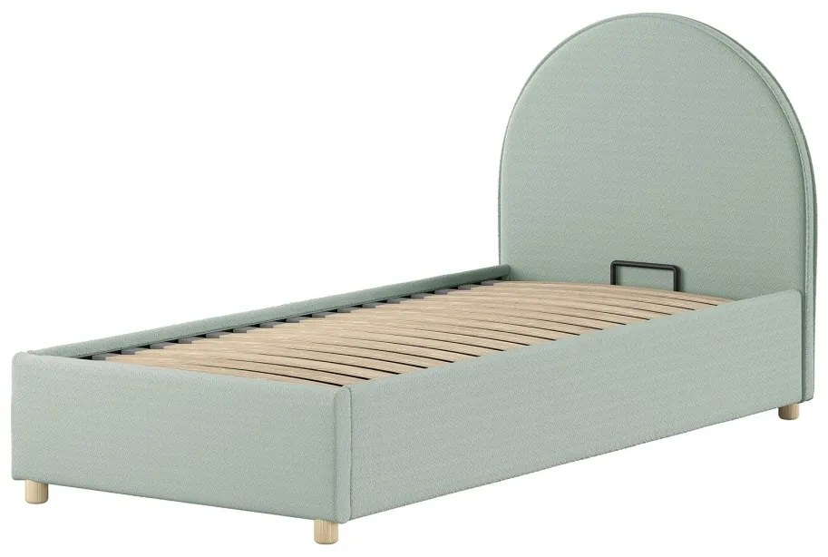 Pat tapițat pentru copii MOON, 90 x 200 cm, verde, cu țesătură bouclé și spațiu de depozitare – Vipack