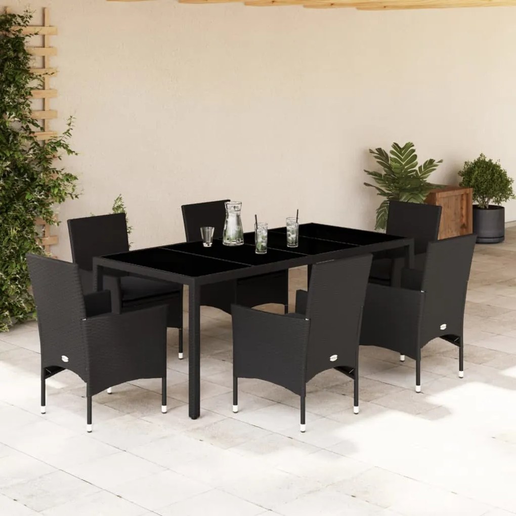 vidaXL Set mobilier de grădină cu perne 7 piese negru poliratan&amp;sticlă