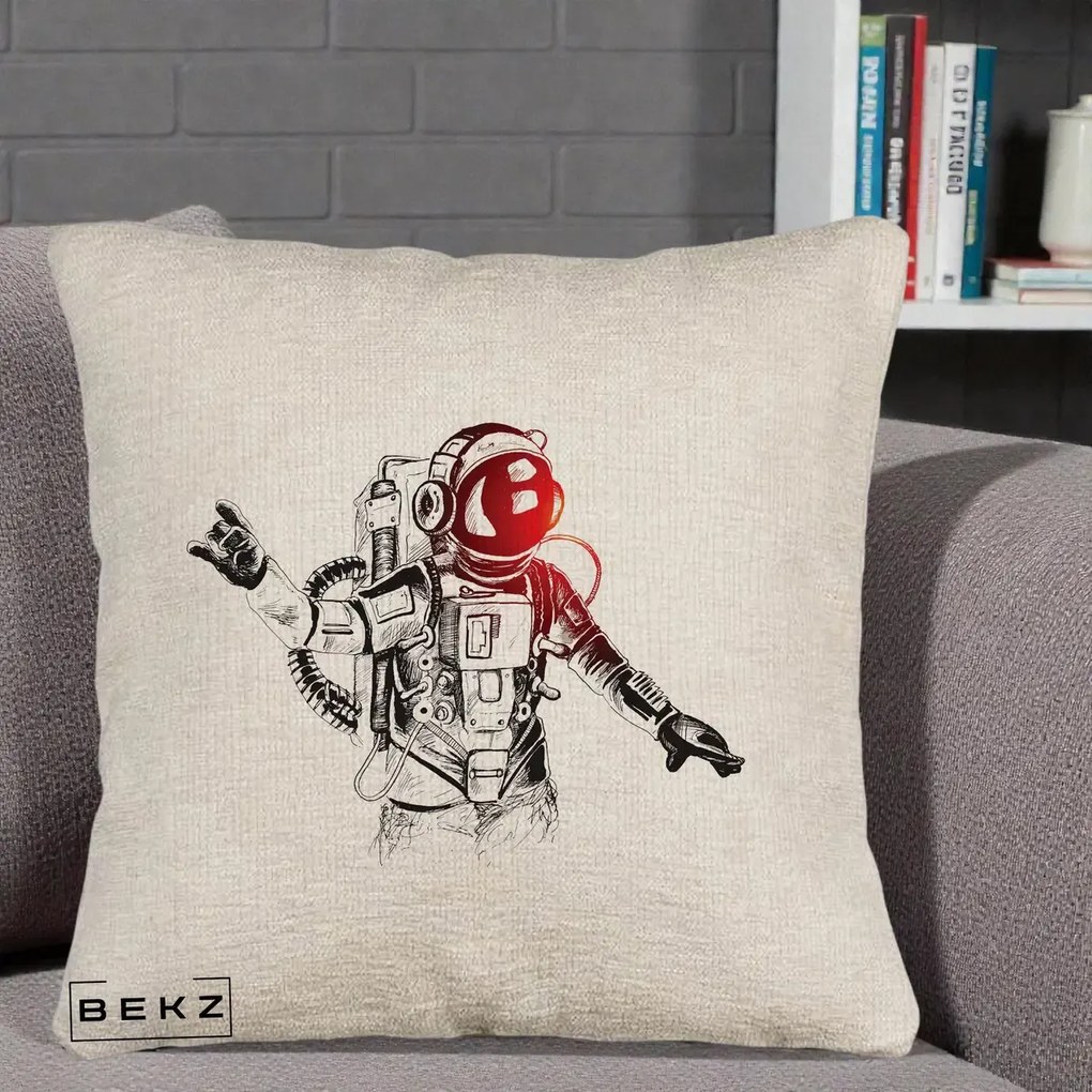 Perna Decorativa Astronaut Rock Sketching, 40x40 cm, Bej Canapea, Husa Detasabila, Perna Inclusa, BEKZ®