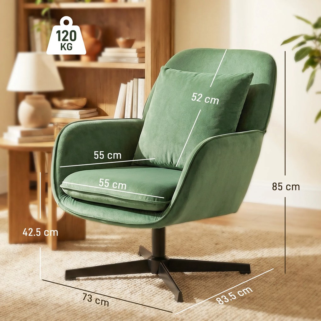 HOMCOM Fotoliu de Salon Rotativ 360° cu Pernă Lombară Detașabilă, Șezut Generos, Fotoliu Tapițat Modern din Catifea cu Cotiere, pentru Living, 73x83.5x85 cm, Verde | Aosom Romania