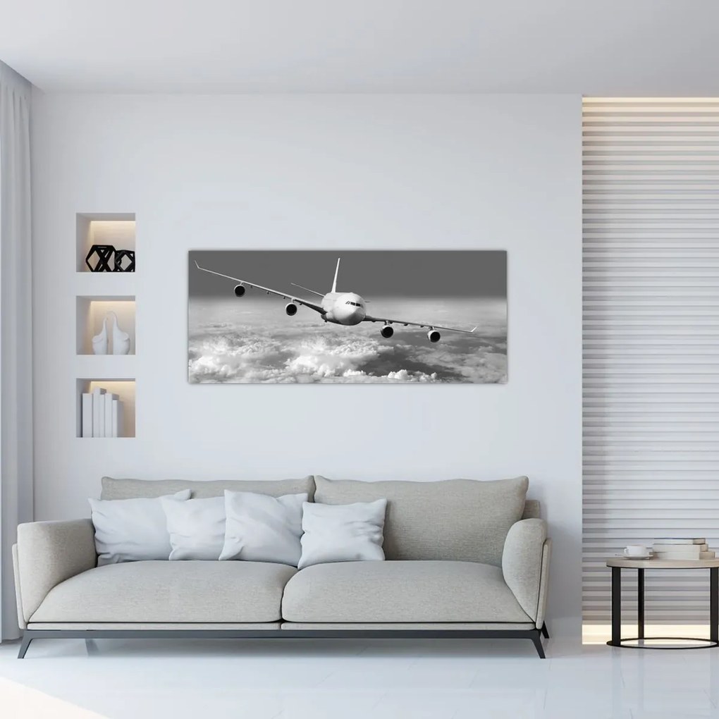 Tablou - Avion în nori, alb și negru (120x50 cm)