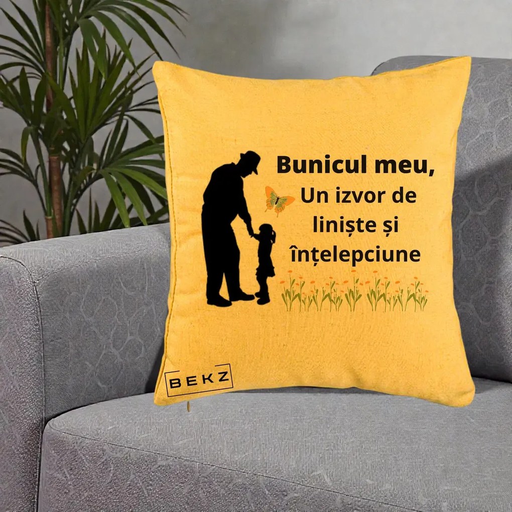Cadou pentru Bunic - Perna Personalizata Bunicul Meu Izvor de Liniste cu Fluture si Fetita, 40x40 cm, Galben, Husa Detasabila, Perna Inclusa, BEKZ®