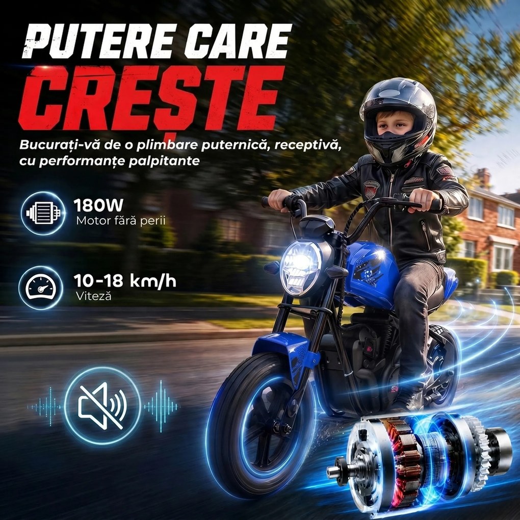 AIYAPLAY Motocicletă electrică pentru copii, stil Harley, 24 V, 6-12 ani, roți din cauciuc 30 cm, albastră | Aosom Romania