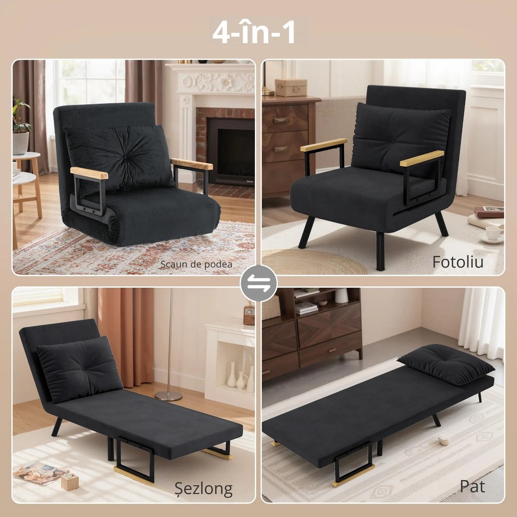 HOMCOM Canapea Extensibilă cu Spătar Reglabil pe 5 Nivele, Canapea Pat Individuală Pliabilă cu Perne, 63x73x81 cm, Negru | Aosom Romania