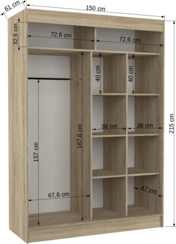 Dulap cu usi glisante si oglinda Toura, ADRK Furniture (Culoare: Sonoma / Ciocolată Lacobel, Dimensiuni: 120x215 cm)