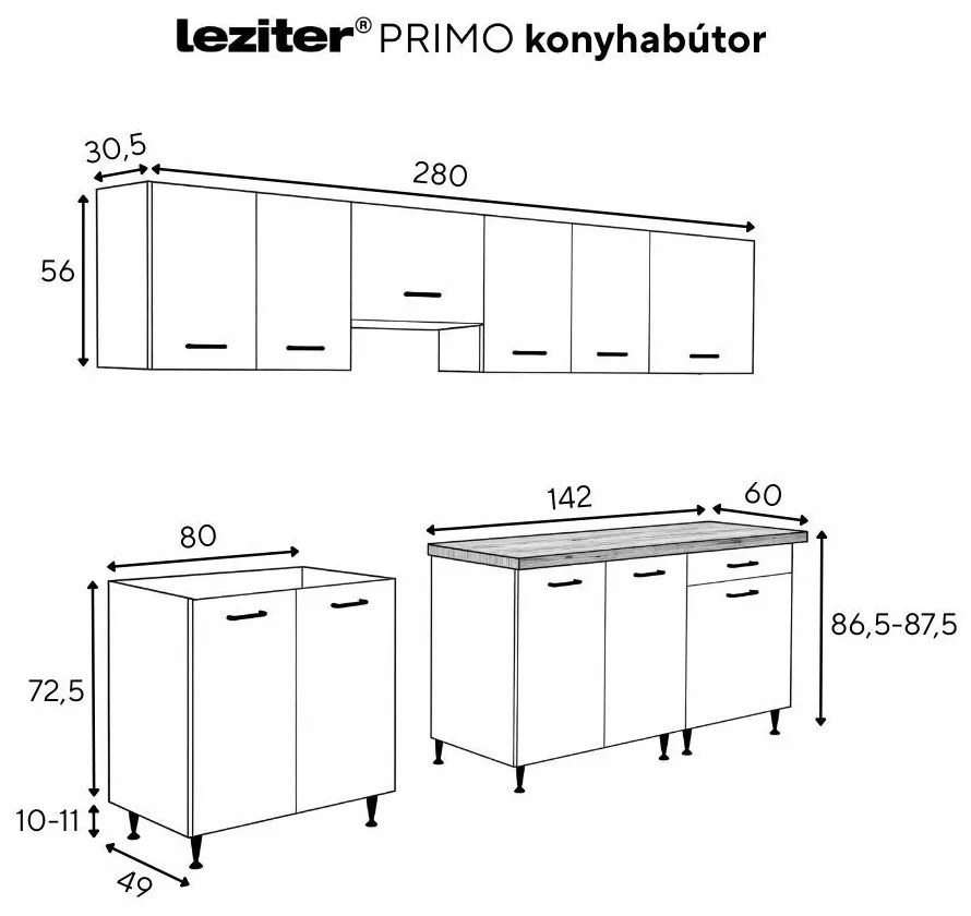Unitate de bucătărie Primo 280 cu blat de lucru din stejar charlestone alb