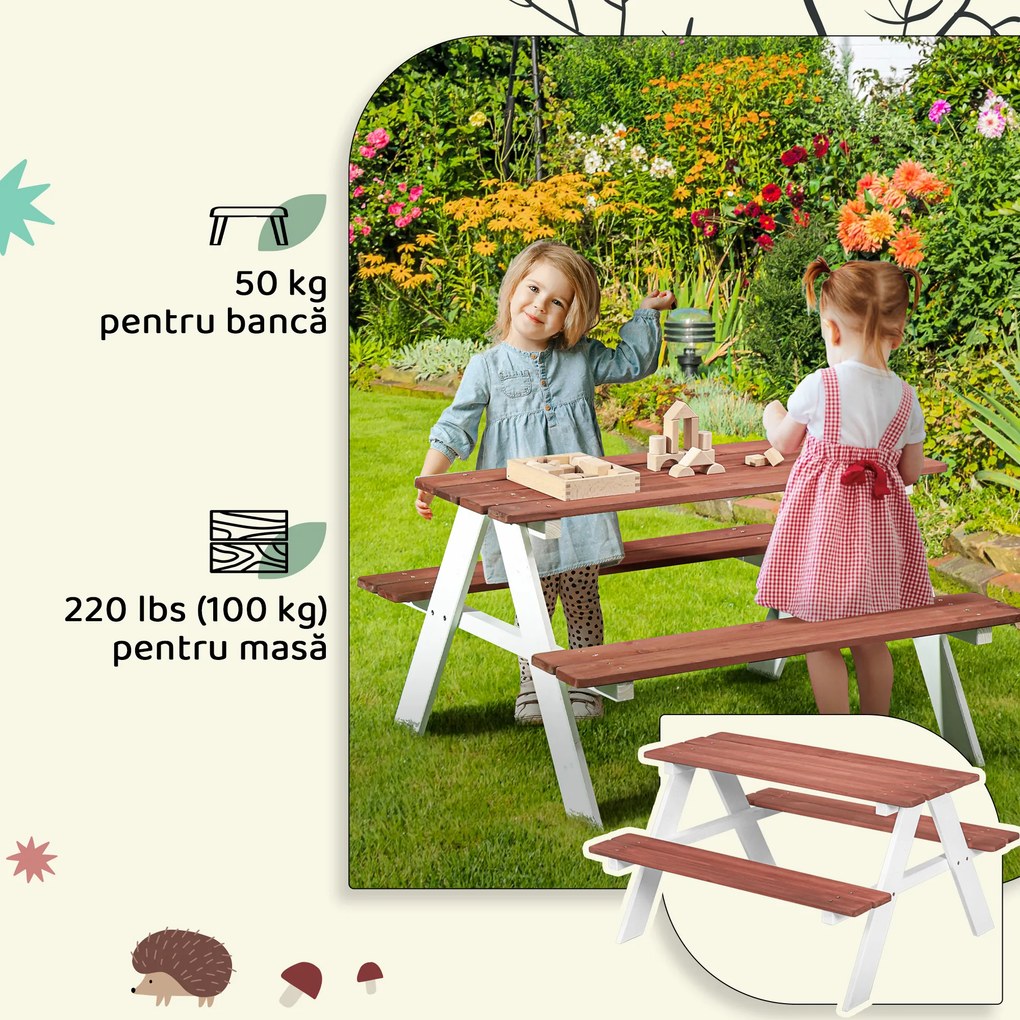 Outsunny Set Masă de Picnic pentru Copii, Masă și Băncuțe din Lemn, Mobilier de Grădină pentru Copii, Jocuri de Exterior, Vârsta 3-8 Ani, Maro | Aosom Romania