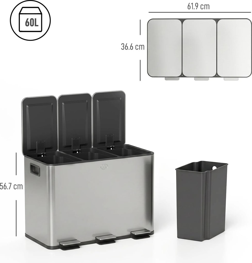 HOMCOM Coș de Gunoi cu 3 Compartimente de 20L, cu Pedală și Capace Silențioase, Ideal pentru Organizare, Dimensiuni 61,9x36,6x56,7 cm, Argintiu | Aosom Romania