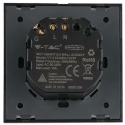 Priza simpla V-TAC Smart, sticla, 10A, compatibil Alexa si Google Home, negru