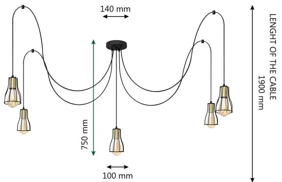 Lustră pe cablu TUBE 5xE27/15W/230V negru/auriu