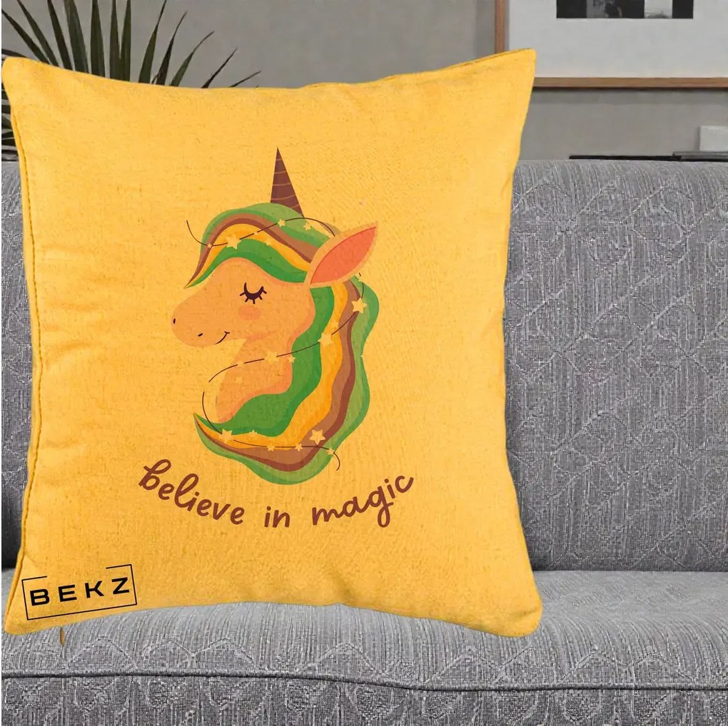 Perna Decorativa Unicorn Believe in Magic, 40x40 cm, Galben, Husa Detasabila, Perna Inclusa, BEKZ®