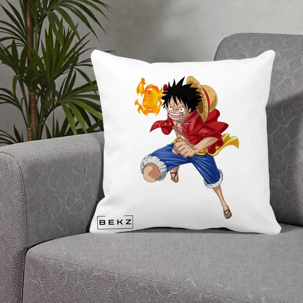 Perna Personalizata One Piece Luffy Gear Second Foc, 40x40 cm, Alba Mata, Husa Detasabila, Perna Inclusa, BEKZ®