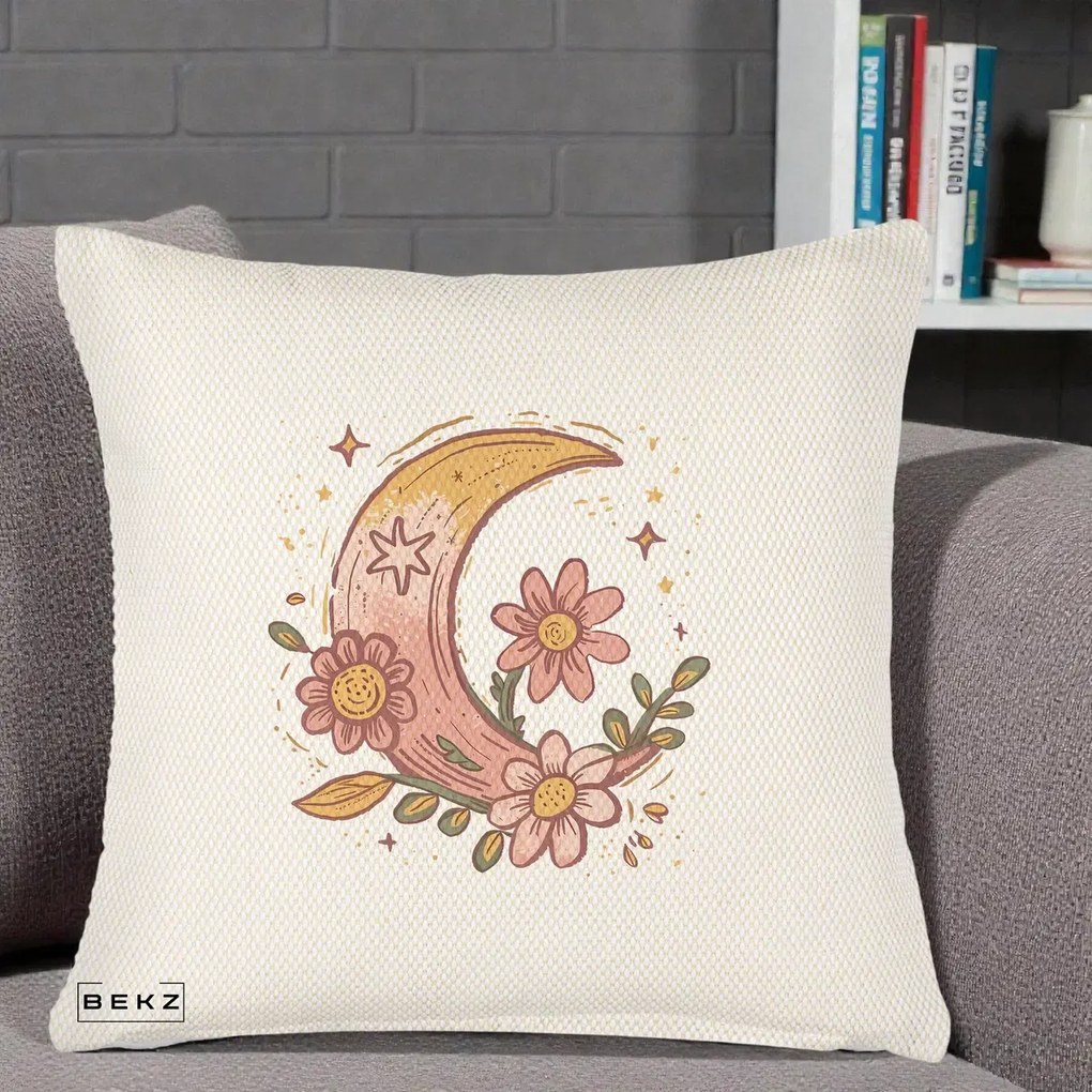 Perna Decorativa Luna Florala Boho, 40x40 cm, Crem Reliefat, Husa Detasabila, Perna Inclusa, BEKZ®