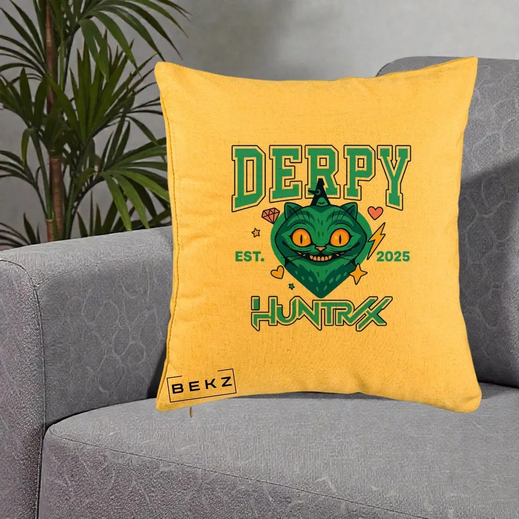 Perna Personalizata K-pop HUNTRX Derpy Pisica Albastra, 40x40 cm, Galben, Husa Detasabila, Perna Inclusa, BEKZ®