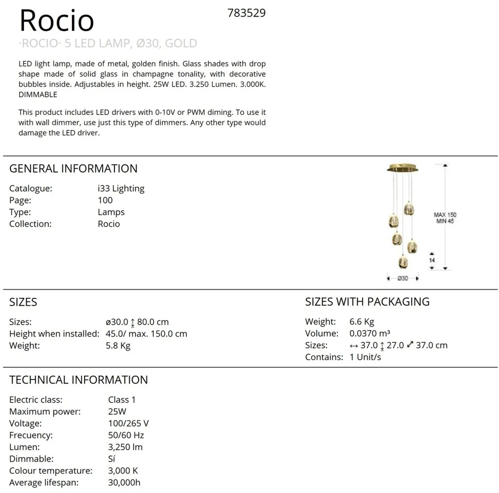 Lustra LED dimabila cu 5 pendule ROCIO, auriu SV-783529