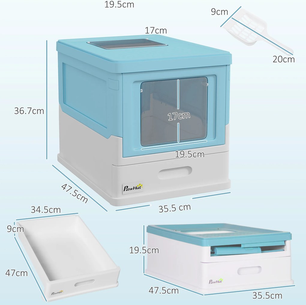 PawHut Litieră pentru Pisici Închisă cu Lopățică, Tavă Detașabilă și 2 Uși, 47.5x35.5x36.7cm, Albastru | Aosom Romania
