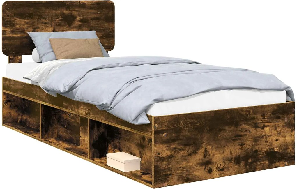 vidaXL Cadru de pat Stejar fumuriu 90 x 190 cm Lemn de pin masiv