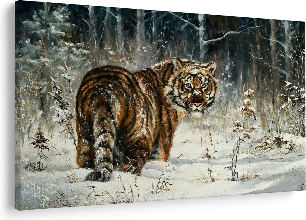 Tablou - Tigru într-o pădure înzăpezită, pictură în ulei (90x60 cm)